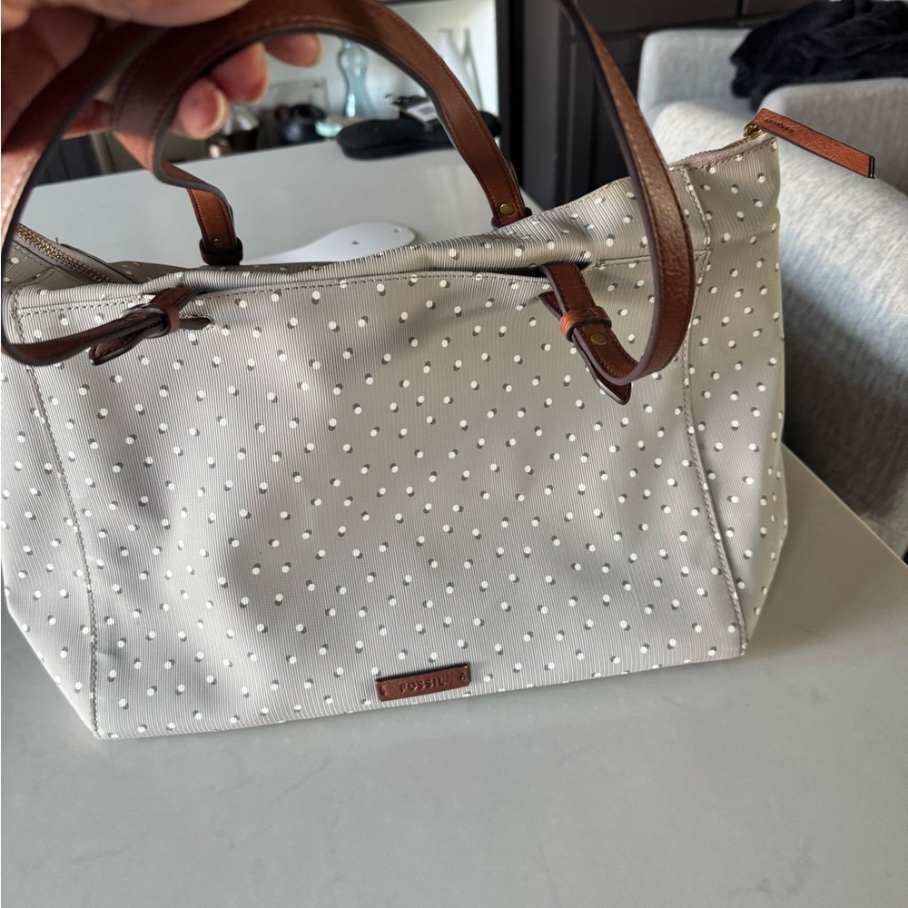 Fossil White and Brown Polka Dot Tote